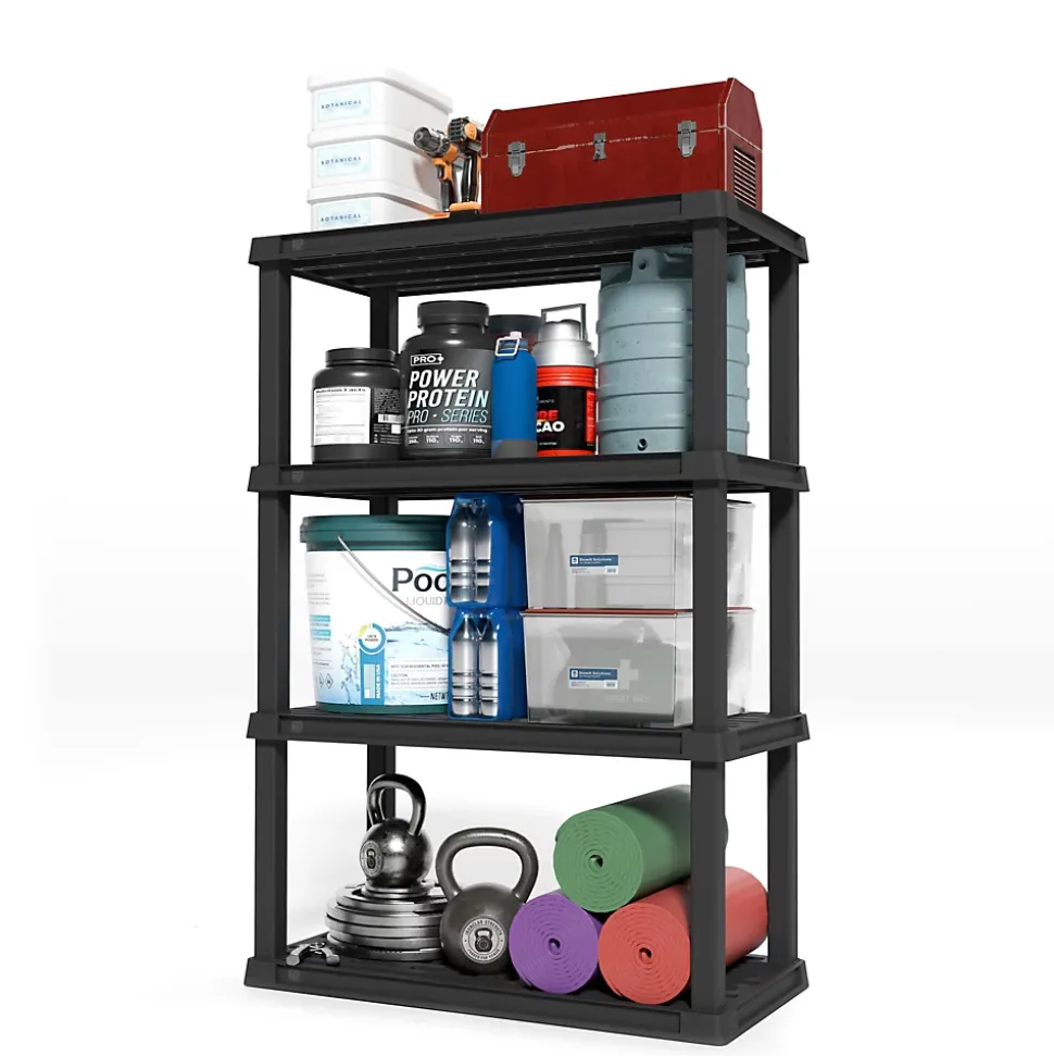 Iris Ohyama, Etagere Plastique de Rangement Résistante, Capacité de 120 kg, 4 étages, Etagere Garage, Cuisine, PRS-L4, Noir