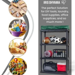 Iris Ohyama, Etagere Plastique de Rangement Résistante, Capacité de 120 kg, 4 étages, Etagere Garage, Cuisine, PRS-L4, Noir
