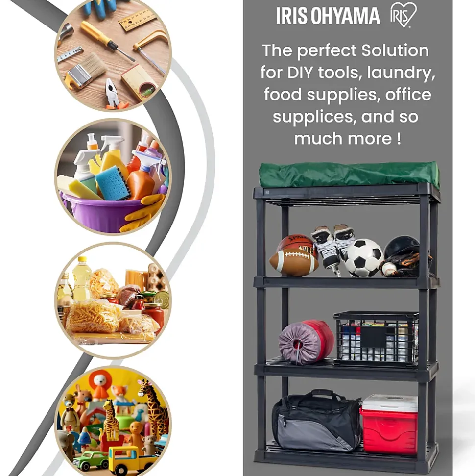 Iris Ohyama, Etagere Plastique de Rangement Résistante, Capacité de 120 kg, 4 étages, Etagere Garage, Cuisine, PRS-L4, Noir