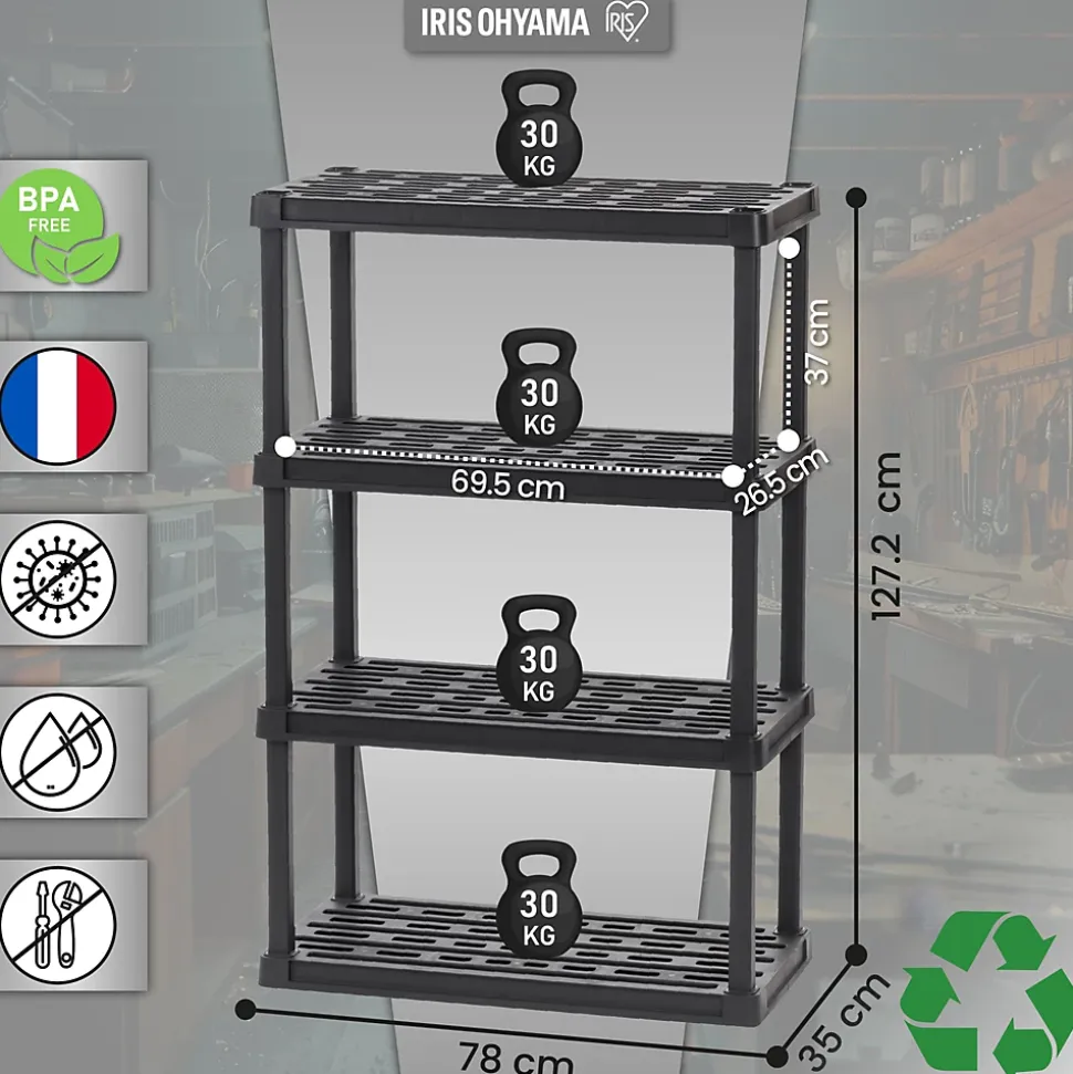 Iris Ohyama, Etagere Plastique de Rangement Résistante, Capacité de 120 kg, 4 étages, Etagere Garage, Cuisine, PRS-L4, Noir