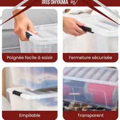 Iris Ohyama, Grande Boite de Rangement Plastique avec Couvercle, 80L, Lot de 4, Transparent, TB-84D