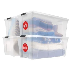 Iris Ohyama, Grande Boite de Rangement Plastique avec Couvercle, 80L, Lot de 4, Transparent, TB-84D