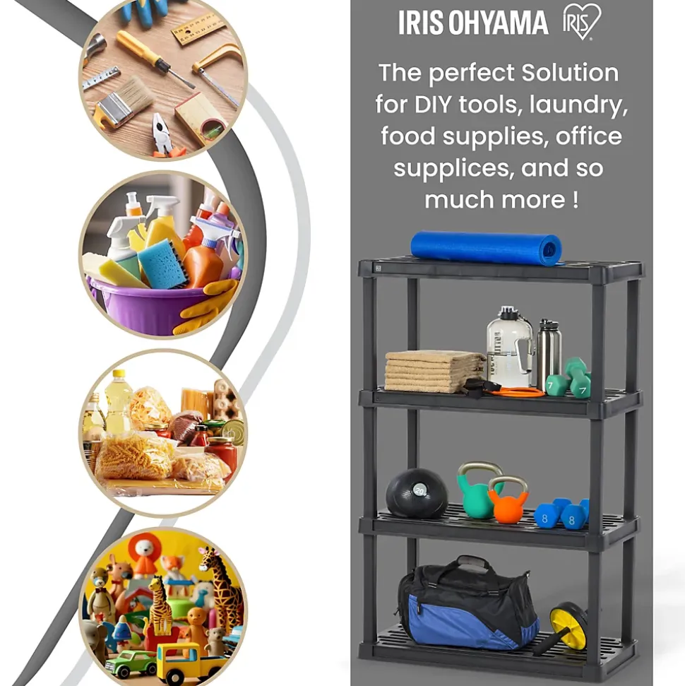 Iris Ohyama, Large Etagere de Rangement Plastique Résistante, Capacité de 320 kg, Noir, Facile à Assembler, 4 étages, PRS-XL4