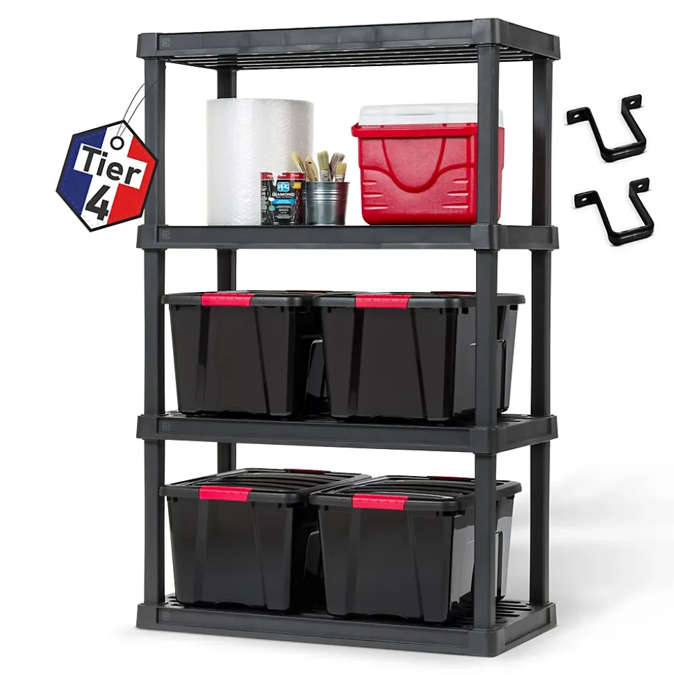 Iris Ohyama, Large Etagere de Rangement Plastique Résistante, Capacité de 320 kg, Noir, Facile à Assembler, 4 étages, PRS-XL4