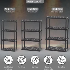 Iris Ohyama, Large Etagere de Rangement Plastique Résistante, Capacité de 320 kg, Noir, Facile à Assembler, 4 étages, PRS-XL4