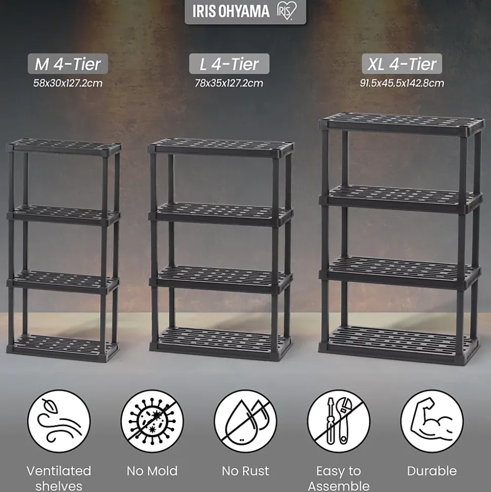 Iris Ohyama, Large Etagere de Rangement Plastique Résistante, Capacité de 320 kg, Noir, Facile à Assembler, 4 étages, PRS-XL4