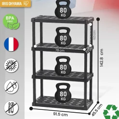 Iris Ohyama, Large Etagere de Rangement Plastique Résistante, Capacité de 320 kg, Noir, Facile à Assembler, 4 étages, PRS-XL4
