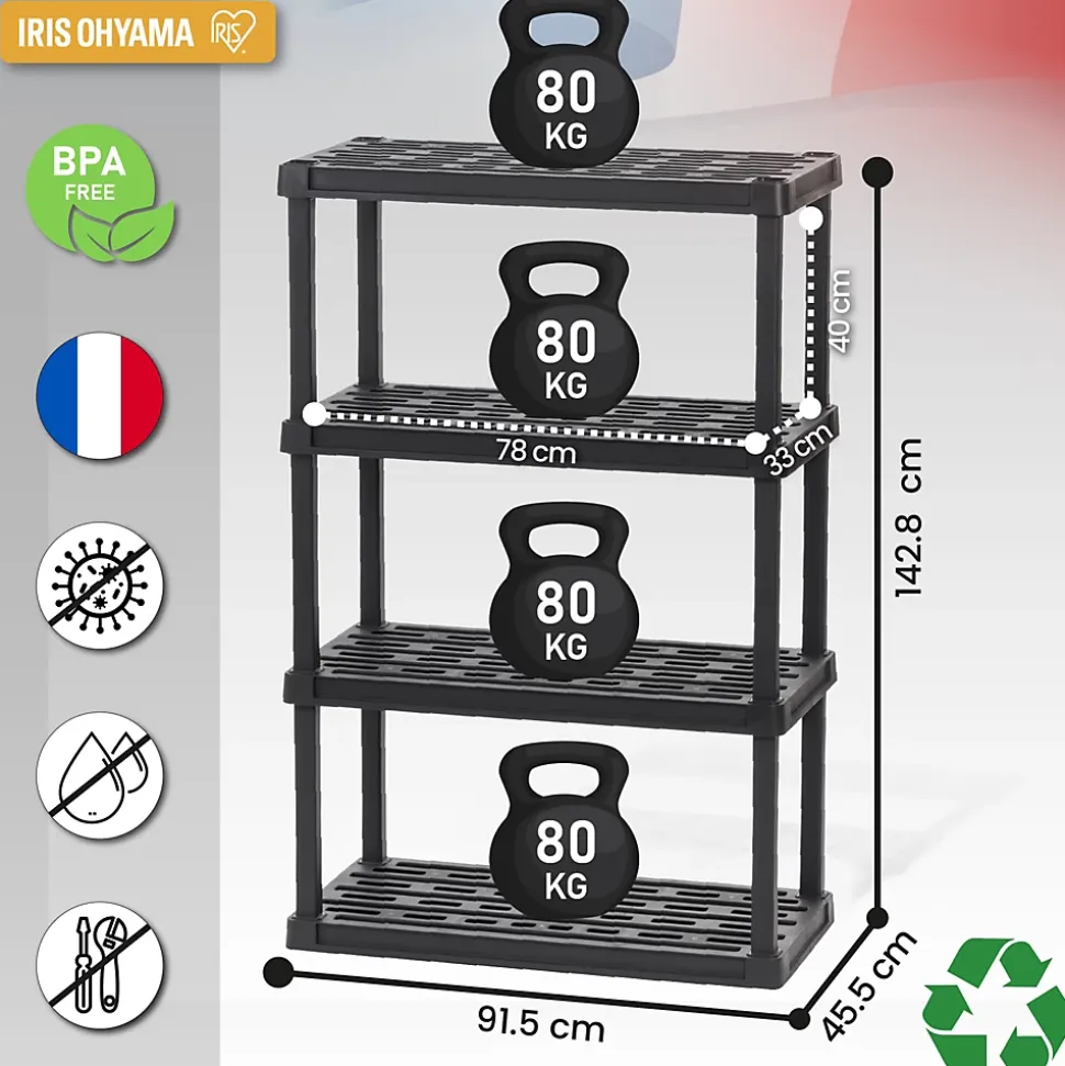 Iris Ohyama, Large Etagere de Rangement Plastique Résistante, Capacité de 320 kg, Noir, Facile à Assembler, 4 étages, PRS-XL4