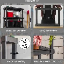 Iris Ohyama, Large Etagere de Rangement Plastique Résistante, Capacité de 320 kg, Noir, Facile à Assembler, 4 étages, PRS-XL4