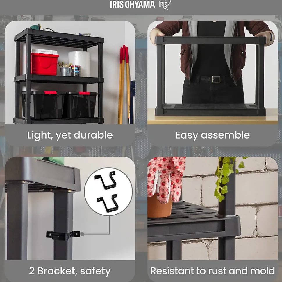 Iris Ohyama, Large Etagere de Rangement Plastique Résistante, Capacité de 320 kg, Noir, Facile à Assembler, 4 étages, PRS-XL4