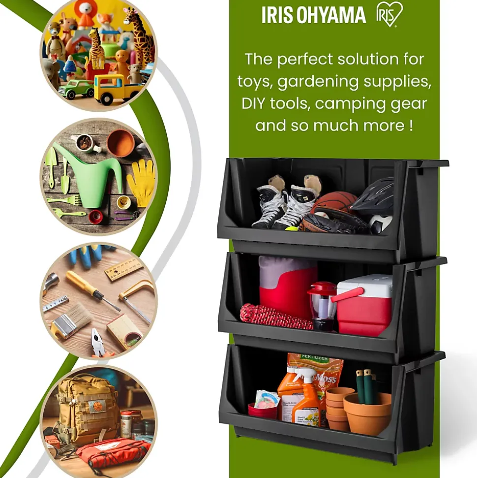 Iris Ohyama, Lot de 3 bacs de rangement empilables en plastique avec façade ouverte pour Garage, jardin, SBIN-L, Noir