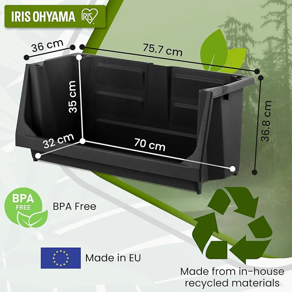 Iris Ohyama, Lot de 3 bacs de rangement empilables en plastique avec façade ouverte pour Garage, jardin, SBIN-L, Noir