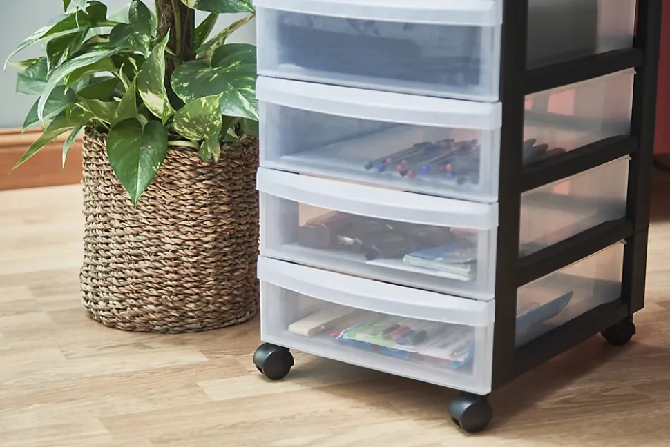 Iris Ohyama, Tour de rangement plastique sur roulettes A4, 6 Petits Tiroirs, Noir, DC-360