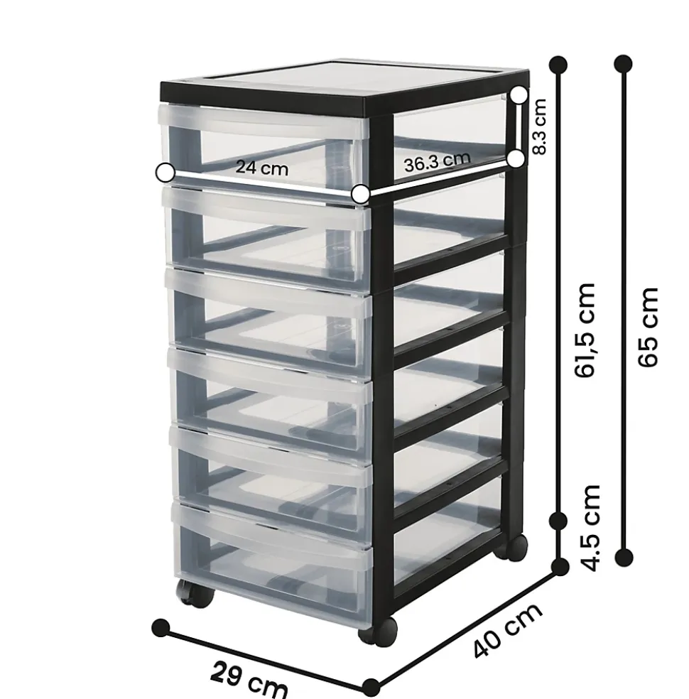 Iris Ohyama, Tour de rangement plastique sur roulettes A4, 6 Petits Tiroirs, Noir, DC-360