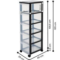 Iris Ohyama, Tour de rangement plastique sur roulettes A4, 5 Grands Tiroirs, Noir, DC-305