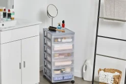 Iris Ohyama, Tour de rangement plastique sur roulettes A4, 6 Petits Tiroirs, Gris Recyclé, DC-360