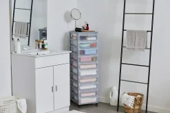 Iris Ohyama, Tour de rangement plastique sur roulettes A4, 10 Petits Tiroirs, Gris, DC-010