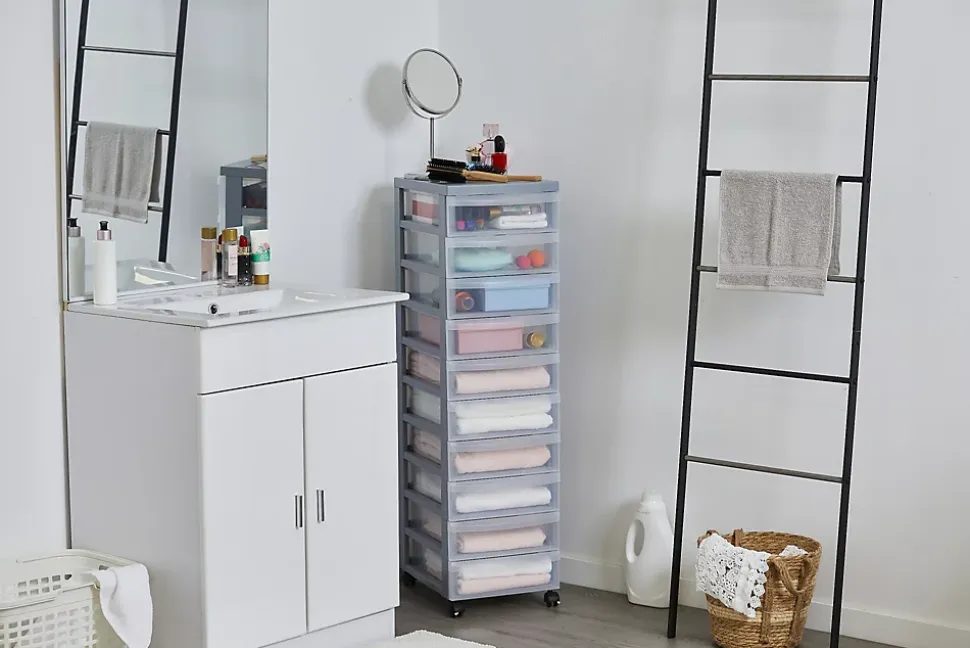 Iris Ohyama, Tour de rangement plastique sur roulettes A4, 10 Petits Tiroirs, Gris, DC-010