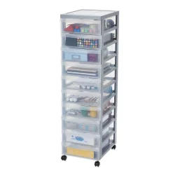 Iris Ohyama, Tour de rangement plastique sur roulettes A4, 10 Petits Tiroirs, Gris, DC-010