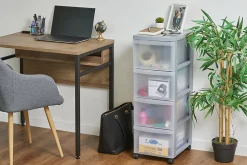 Iris Ohyama, Tour de rangement plastique sur roulettes A4, 4 Grands Tiroirs, Gris, DC-304