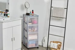 Iris Ohyama, Tour de rangement plastique sur roulettes A4, 4 Grands Tiroirs, Gris, DC-304