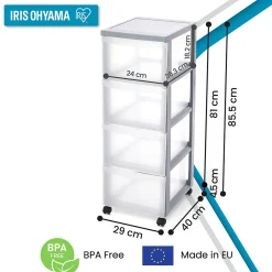 Iris Ohyama, Tour de rangement plastique sur roulettes A4, 4 Grands Tiroirs, Gris, DC-304