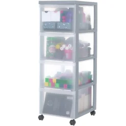 Iris Ohyama, Tour de rangement plastique sur roulettes A4, 4 Grands Tiroirs, Gris, DC-304