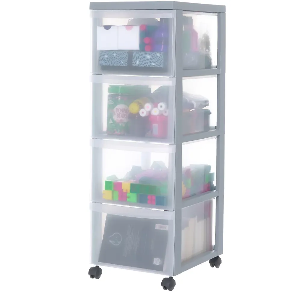 Iris Ohyama, Tour de rangement plastique sur roulettes A4, 4 Grands Tiroirs, Gris, DC-304