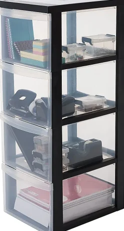 Iris Ohyama, Tour de rangement plastique sur roulettes A4, 4 Grands Tiroirs, Noir, DC-304