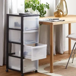 Iris Ohyama, Tour de rangement plastique sur roulettes A4, 4 Grands Tiroirs, Noir, DC-304