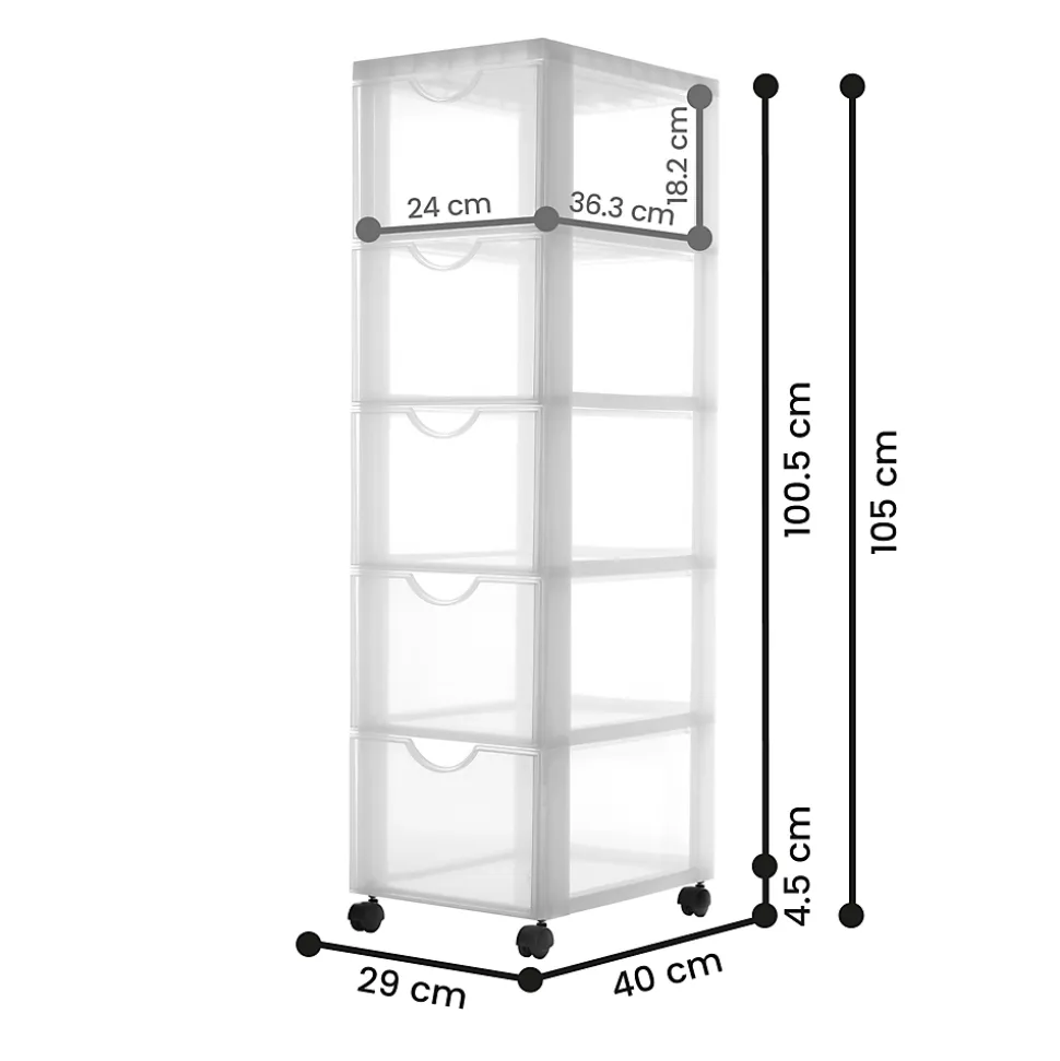 Iris Ohyama, Tour de rangement à Roulettes en Plastique, 5 Grands Tiroirs, Blanc, DDDC-305