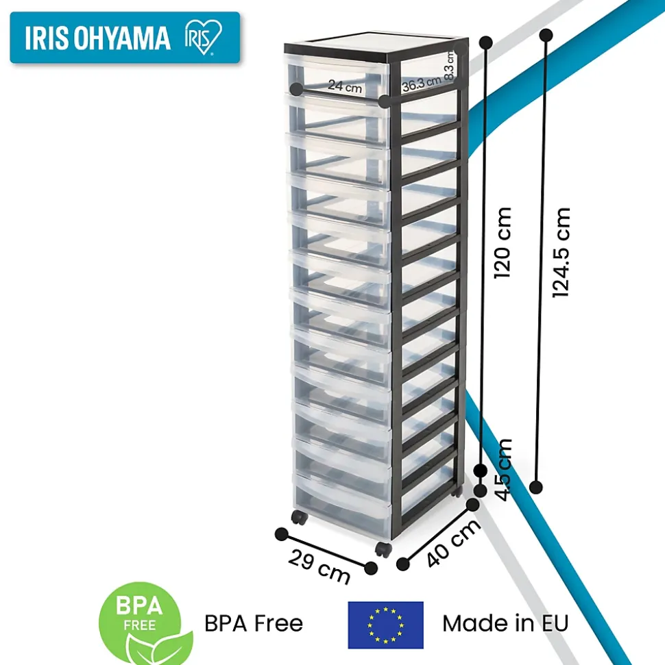 Iris Ohyama, Tour de rangement plastique sur roulettes A4, 12 Petits Tiroirs, Noir, DC-012