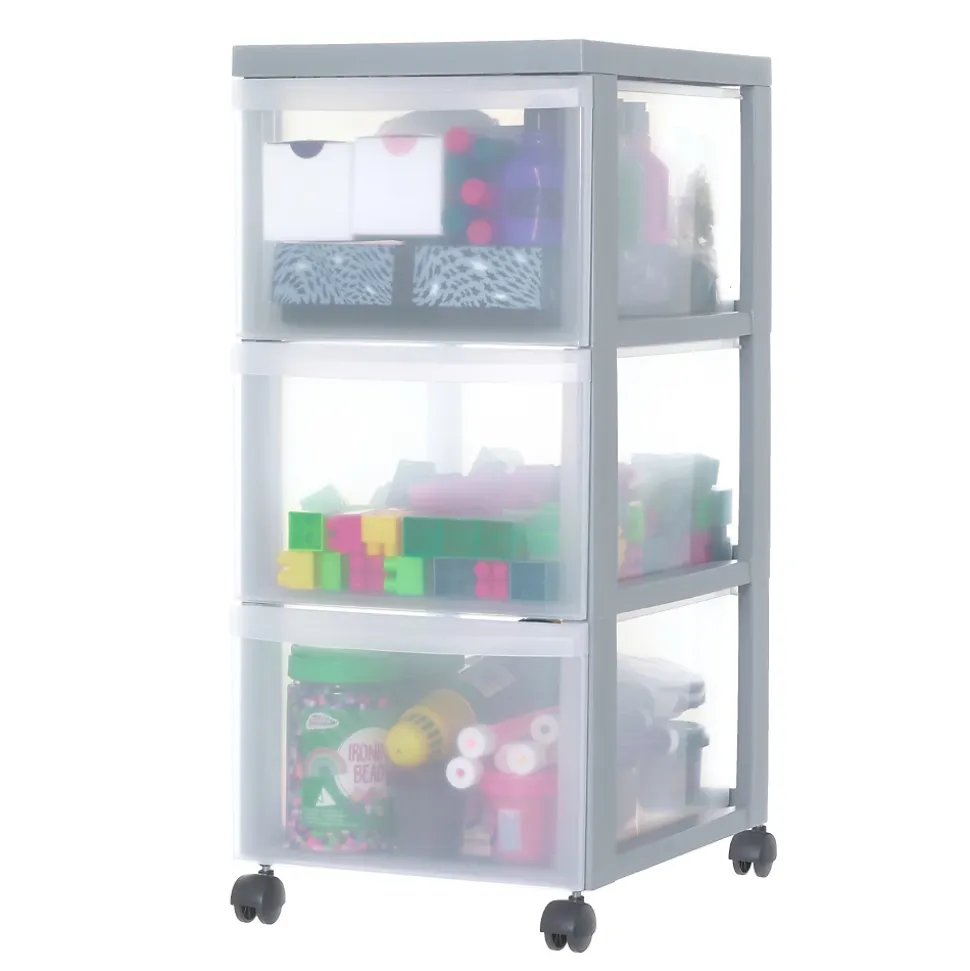 Iris Ohyama, Tour de rangement plastique sur roulettes A4, 3 Grands Tiroirs, Gris, DC-303