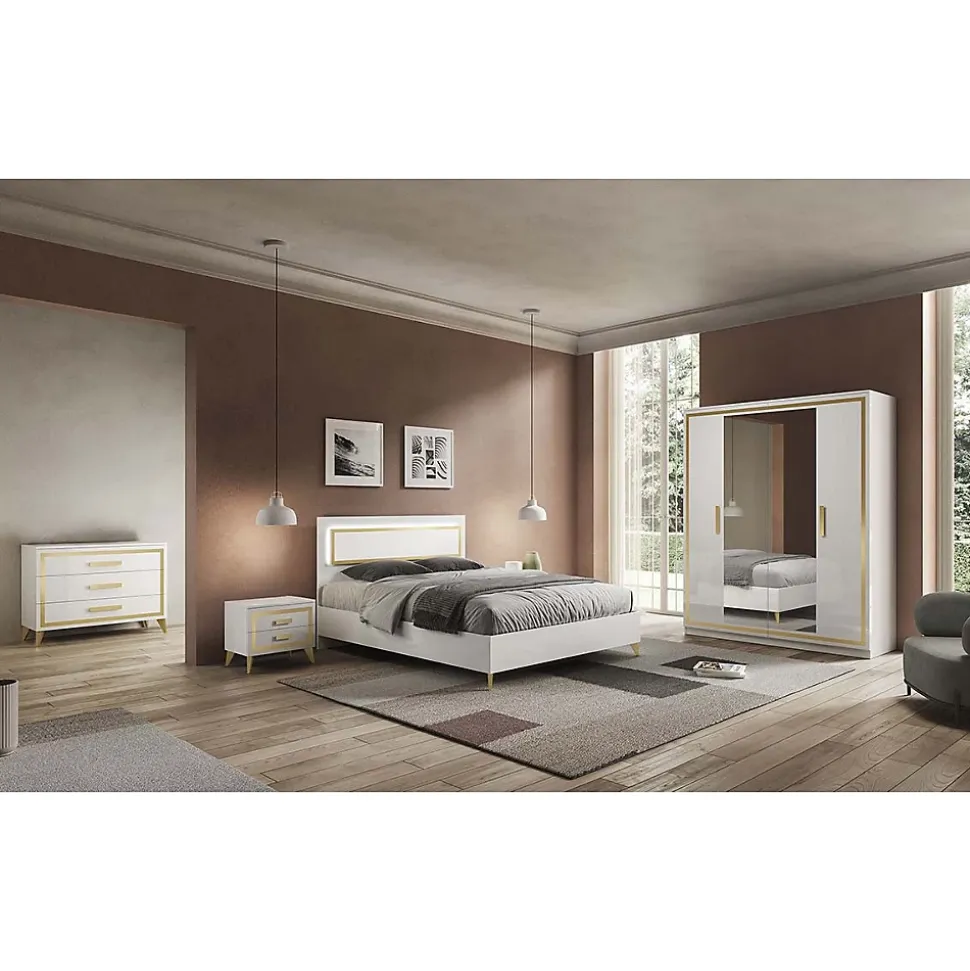 JEMMA - Commode 3 Tiroirs Laqué Blanc et Décor Doré