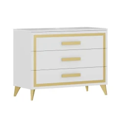 JEMMA - Commode 3 Tiroirs Laqué Blanc et Décor Doré