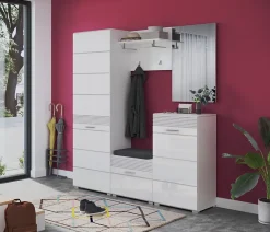 Kai - Armoire vestiaire (L/H/P : 55x190x37 cm) en imitation blanc et blanc brillant profond