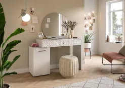 Kai - Coiffeuse (L/H/P : 117x138x42 cm) en mélaminé blanc et blanc brillant