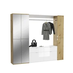 Kai - Combinaison de vestiaires (L/H/P : 212x193x34 cm) en imitation blanc et imitation chêne Artisan / verre miroir