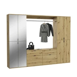 Kai - Combinaison de vestiaires (L/H/P : 243x193x34 cm) en imitation chêne Artisan / verre miroir