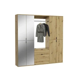 Kai - Combinaison de vestiaires (L/H/P : 183x193x34 cm) en imitation chêne Artisan / verre miroir