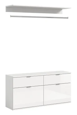 Kai - Commode + barre de penderie (L/H/P : 121x62+3+14x34 cm) en imitation blanc et blanc brillant