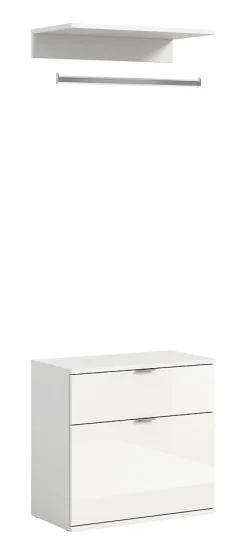 Kai - Commode + barre de penderie (L/H/P : 61x62+3+14x34 cm) en imitation blanc et blanc brillant