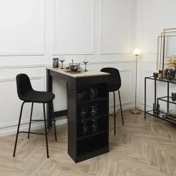 KANPE - Ensemble Table de Bar avec Etagères + 2 Tabourets Velours Côtelé Noir Konae