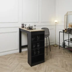 KANPE - Ensemble Table de Bar avec Etagères + 2 Tabourets Velours Côtelé Gris Konae