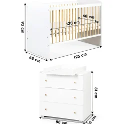 KAROLINA II Ensemble lit bébé 120x60 et commode à langer 3 tiroirs Blanc