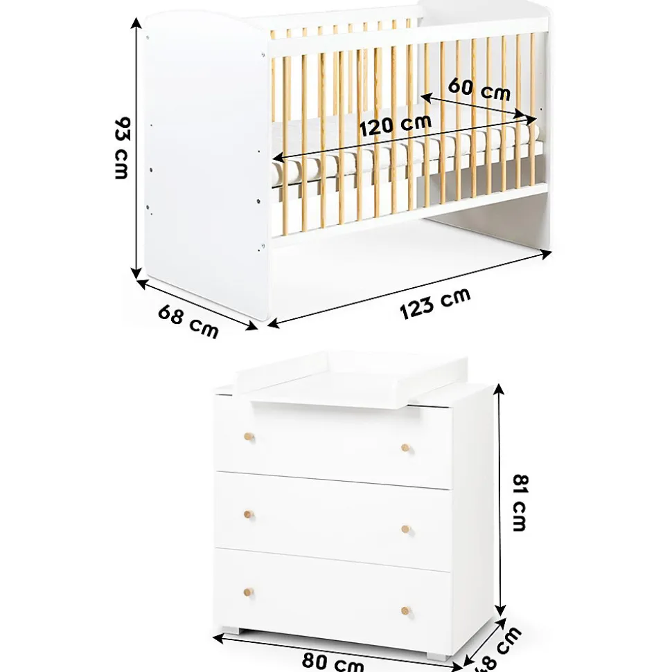 KAROLINA II Ensemble lit bébé 120x60 et commode à langer 3 tiroirs Blanc