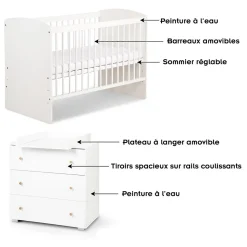 KAROLINA II Ensemble lit bébé 120x60 et commode à langer 3 tiroirs Blanc
