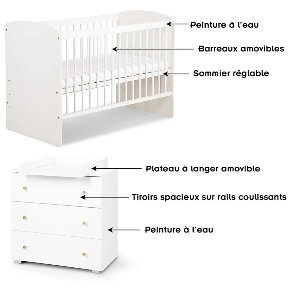 KAROLINA II Ensemble lit bébé 120x60 et commode à langer 3 tiroirs Blanc