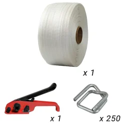 Kit 1 Feuillard de cerclage tressé 16 mm x 850 m + 250 boucles OFFERTES + 1 tendeur - Résistance 450kg - TECPLAST KFT1