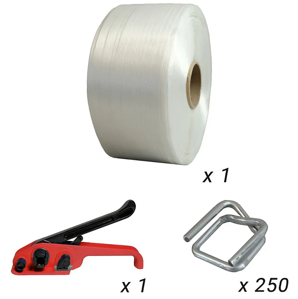 Kit 1 Feuillard de cerclage fil à fil 19 mm x 600 m + 250 boucles OFFERTES + 1 tendeur - Résistance 550kg - TECPLAST KFF1